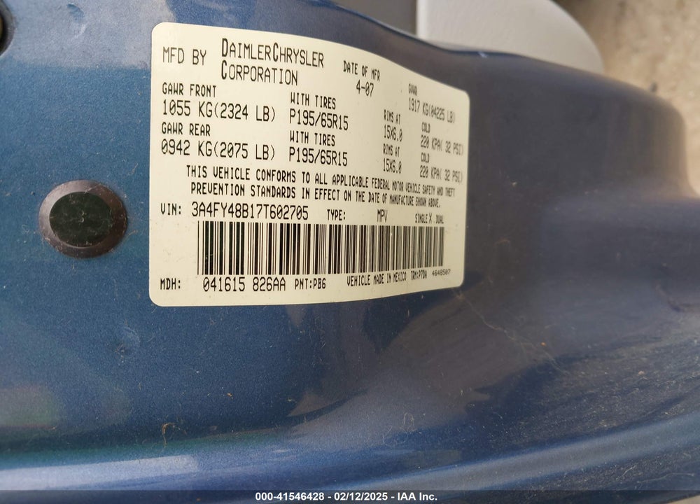 2007 CHRYSLER PT CRUISER VIN: 3A4FY48B17T602705