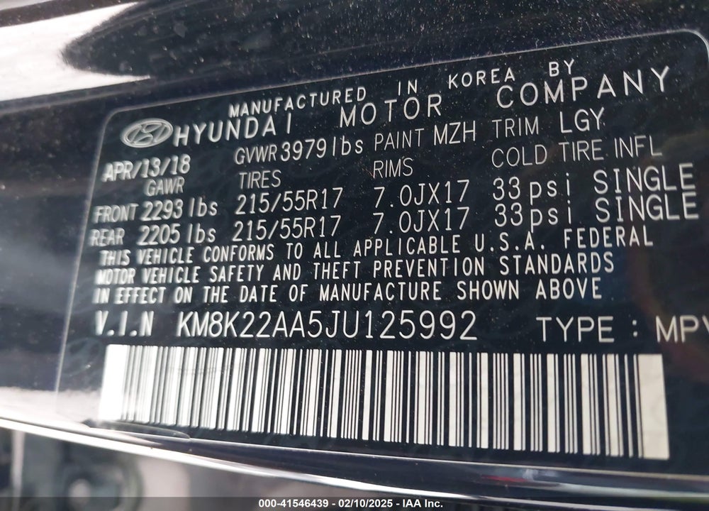 2018 HYUNDAI KONA VIN: KM8K22AA5JU125992