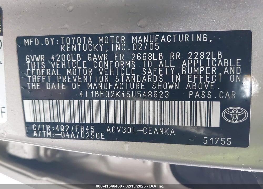 2005 TOYOTA CAMRY LE VIN: 4T1BE32K45U548623