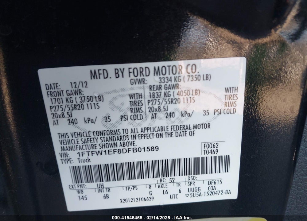 2013 FORD F-150 VIN: 1FTFW1EF8DFB01589