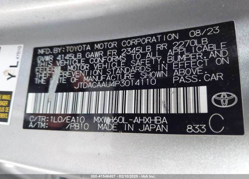 2023 TOYOTA PRIUS VIN: JTDACAAU4P3014110