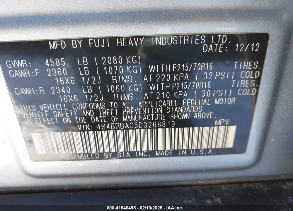 2013 SUBARU OUTBACK VIN: 4S4BRBAC5D3268819