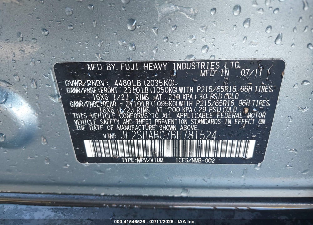 2011 SUBARU FORESTER 2.5X VIN: JF2SHABC7BH781524