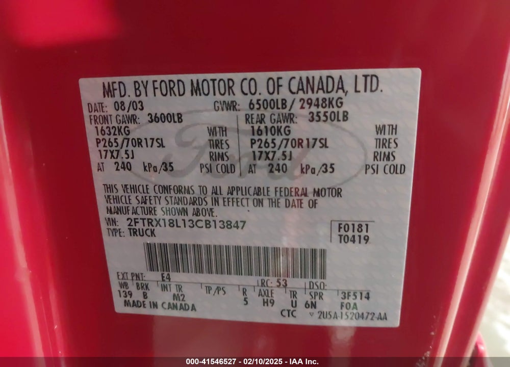 2003 FORD F-150 VIN: 2FTRX18L13CB13847