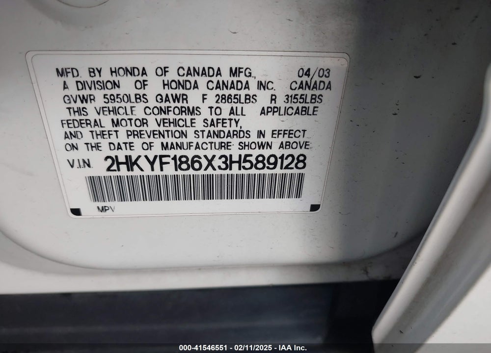 2003 HONDA PILOT VIN: 2HKYF186X3H589128