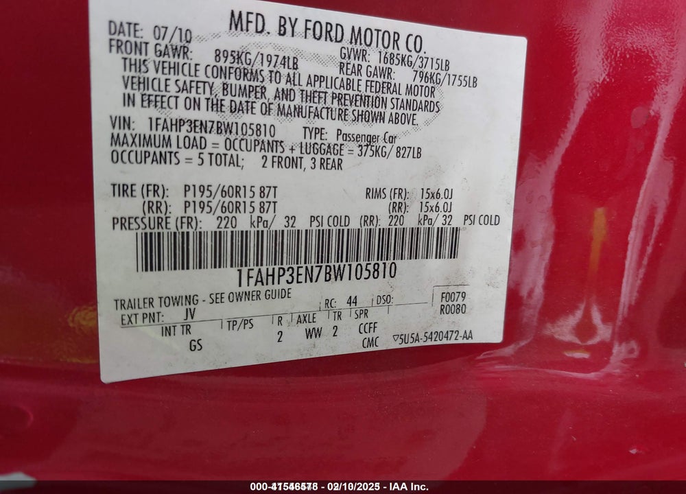 2011 FORD FOCUS VIN: 1FAHP3EN7BW105810