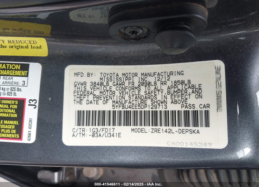 2013 TOYOTA COROLLA VIN: 5YFBU4EE5DP129713