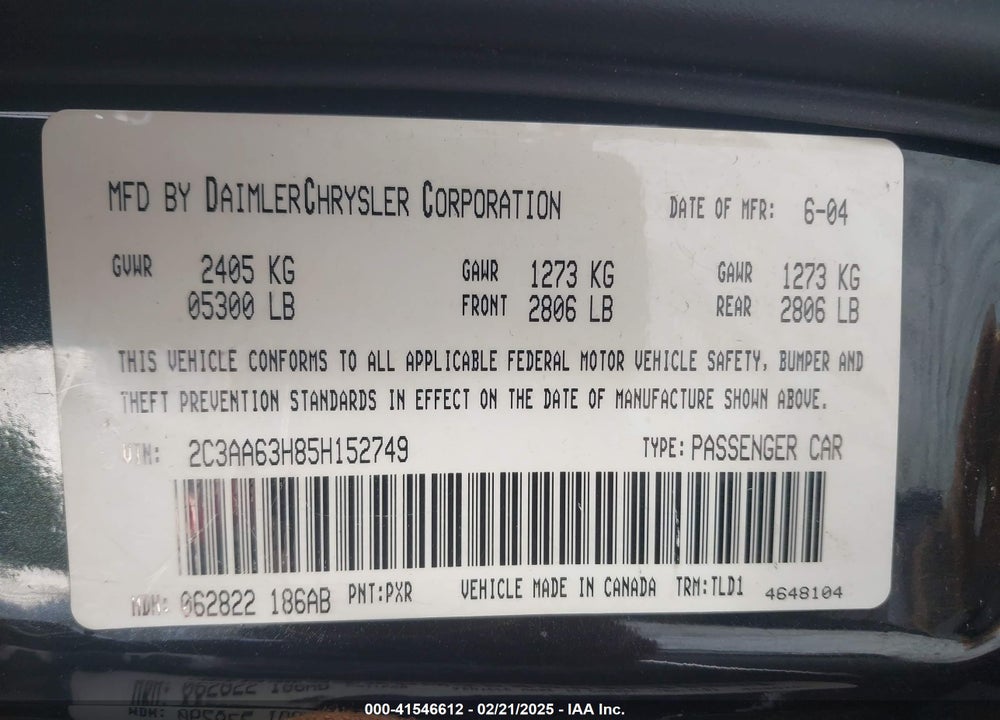 2005 CHRYSLER 300C VIN: 2C3AA63H85H152749