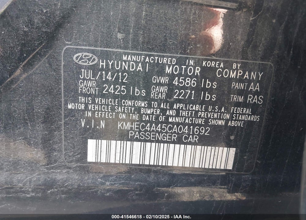 2012 HYUNDAI SONATA VIN: KMHEC4A45CA041692