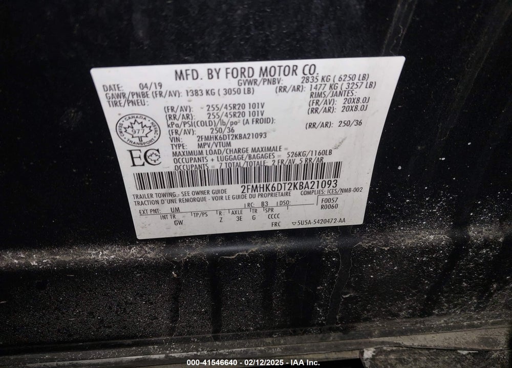 2019 FORD FLEX VIN: 2FMHK6DT2KBA21093