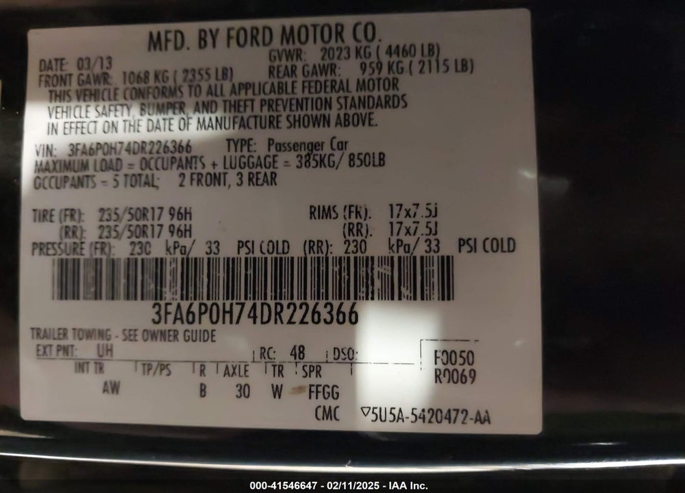 2013 FORD FUSION SE VIN: 3FA6P0H74DR226366