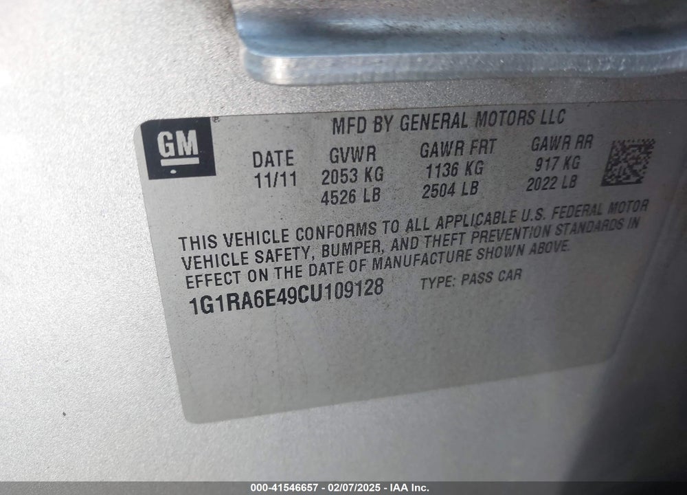 2012 CHEVROLET VOLT VIN: 1G1RA6E49CU109128