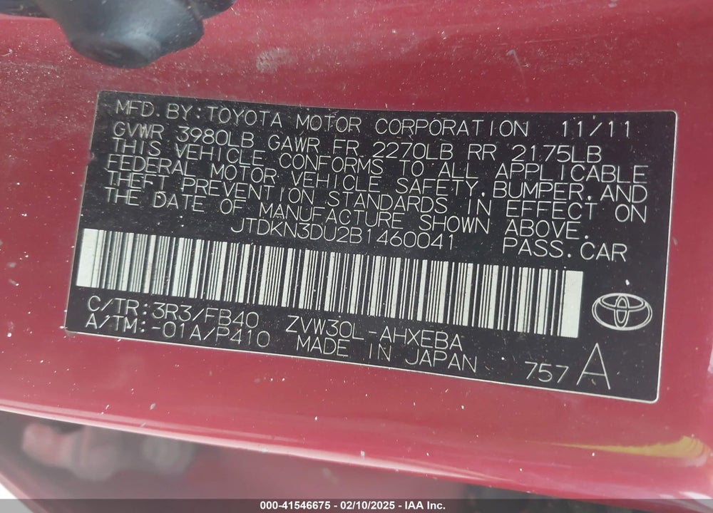 2011 TOYOTA PRIUS TWO VIN: JTDKN3DU2B1460041