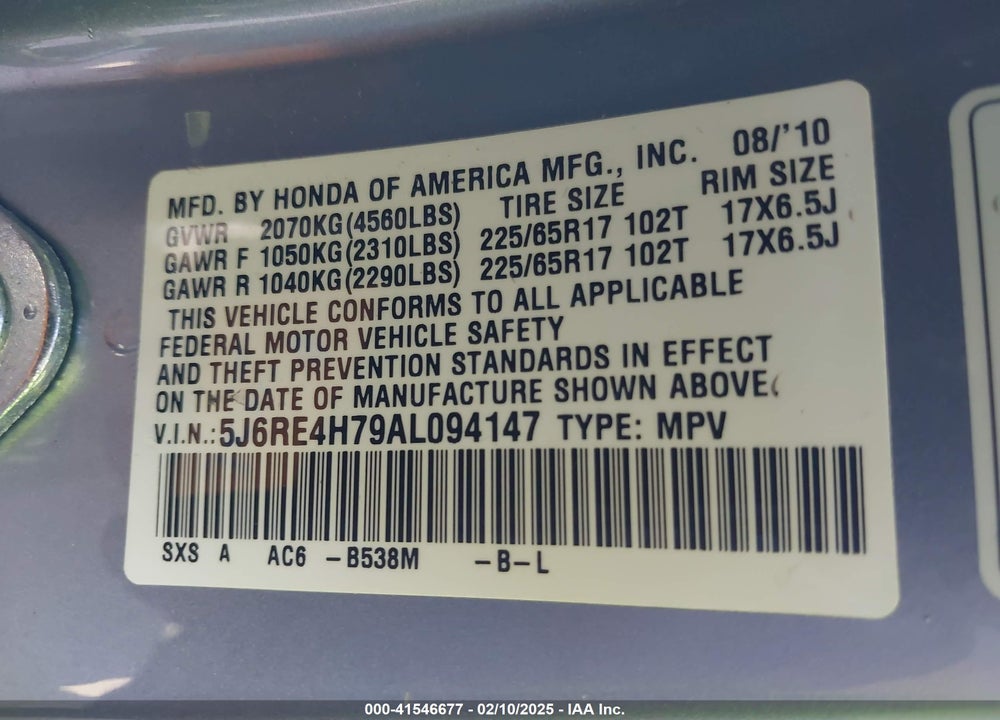 2010 HONDA CR-V EX-L VIN: 5J6RE4H79AL094147