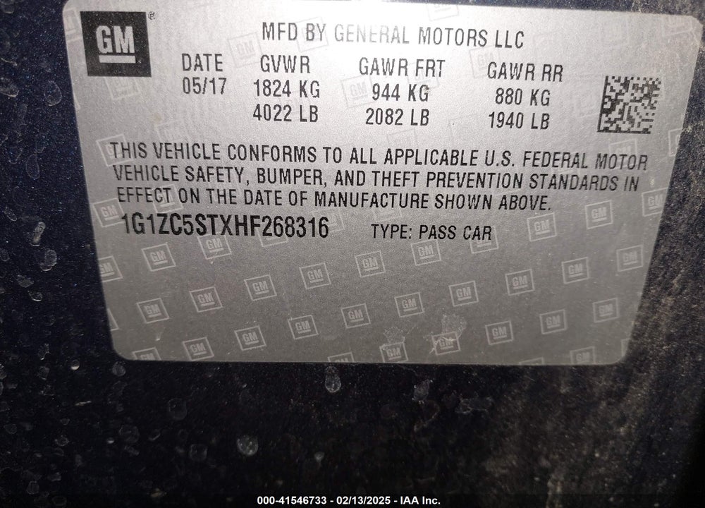 2017 CHEVROLET MALIBU VIN: 1G1ZC5STXHF268316