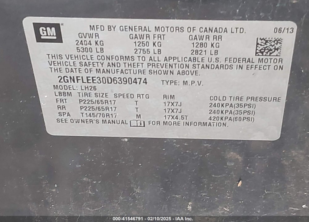 2013 CHEVROLET EQUINOX 1LT VIN: 2GNFLEE30D6390474