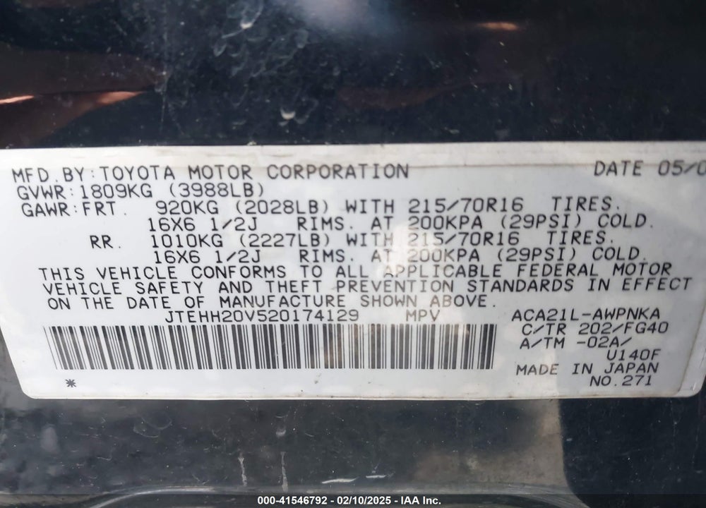2002 TOYOTA RAV4 VIN: JTEHH20V520174129