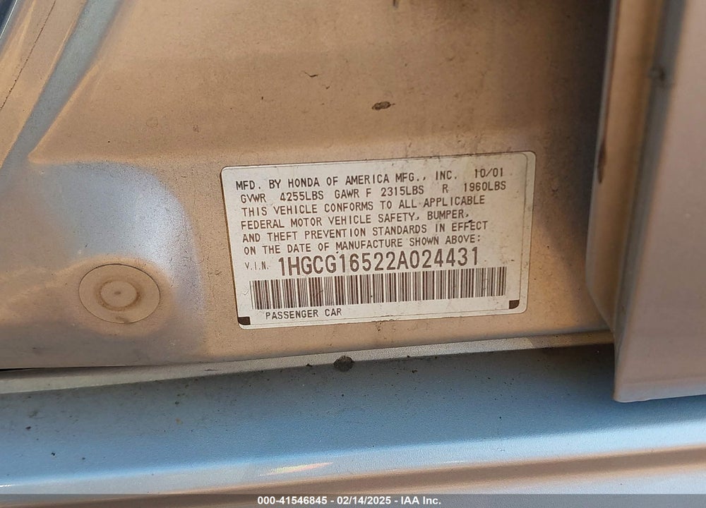 2002 HONDA ACCORD 3.0 EX VIN: 1HGCG16522A024431