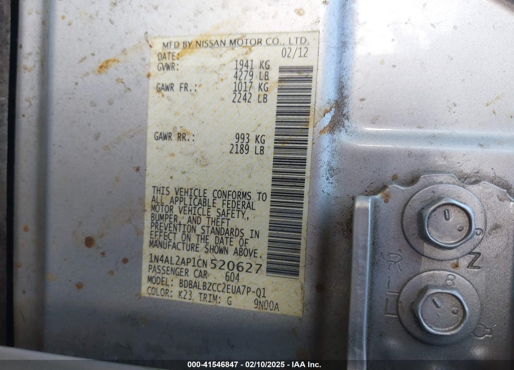 2012 NISSAN ALTIMA VIN: 1N4AL2AP1CN520627