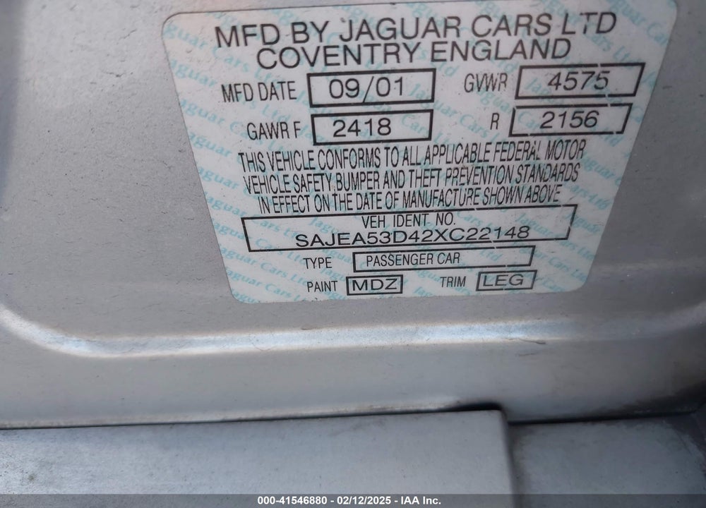 2002 JAGUAR X-TYPE 2.5L VIN: SAJEA53D42XC22148