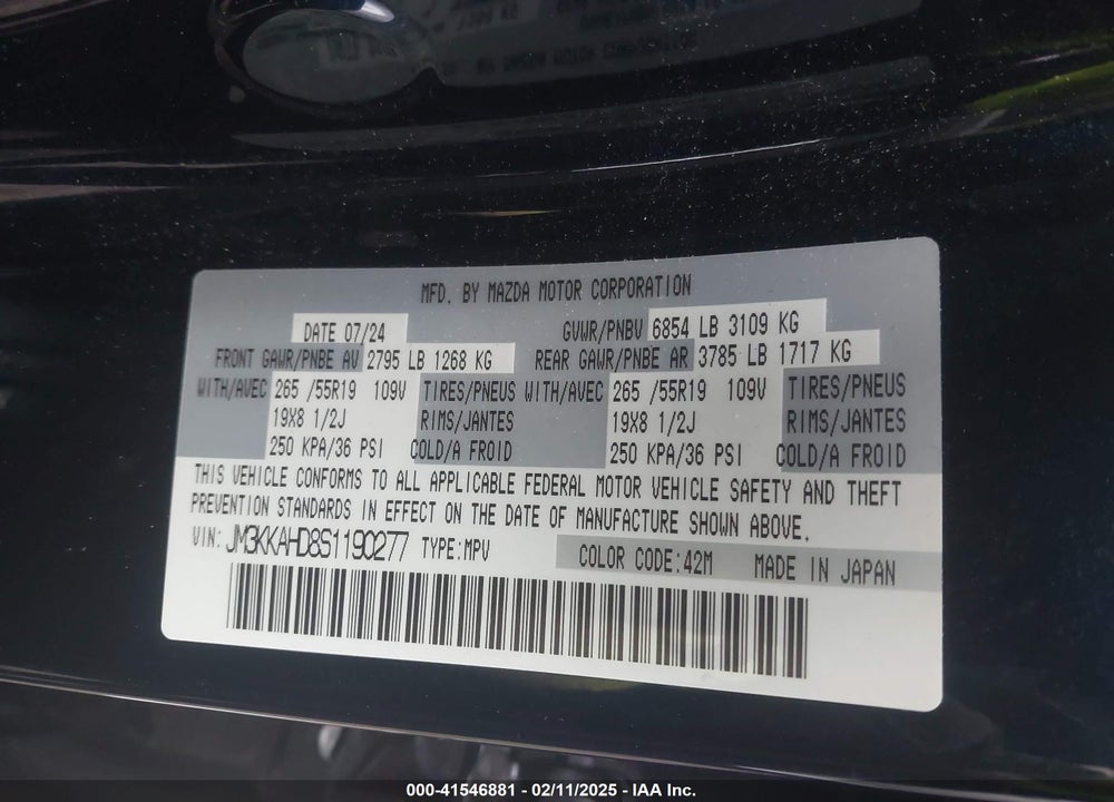 2025 MAZDA CX-90 VIN: JM3KKAHD8S1190277