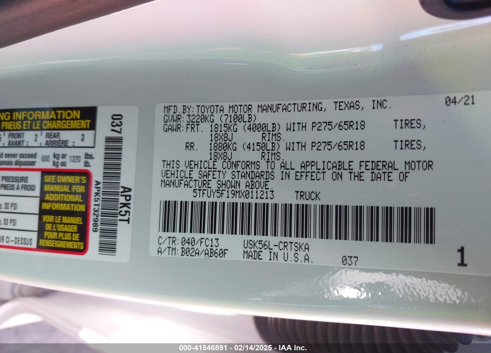 2021 TOYOTA TUNDRA SR5 VIN: 5TFUY5F19MX011213