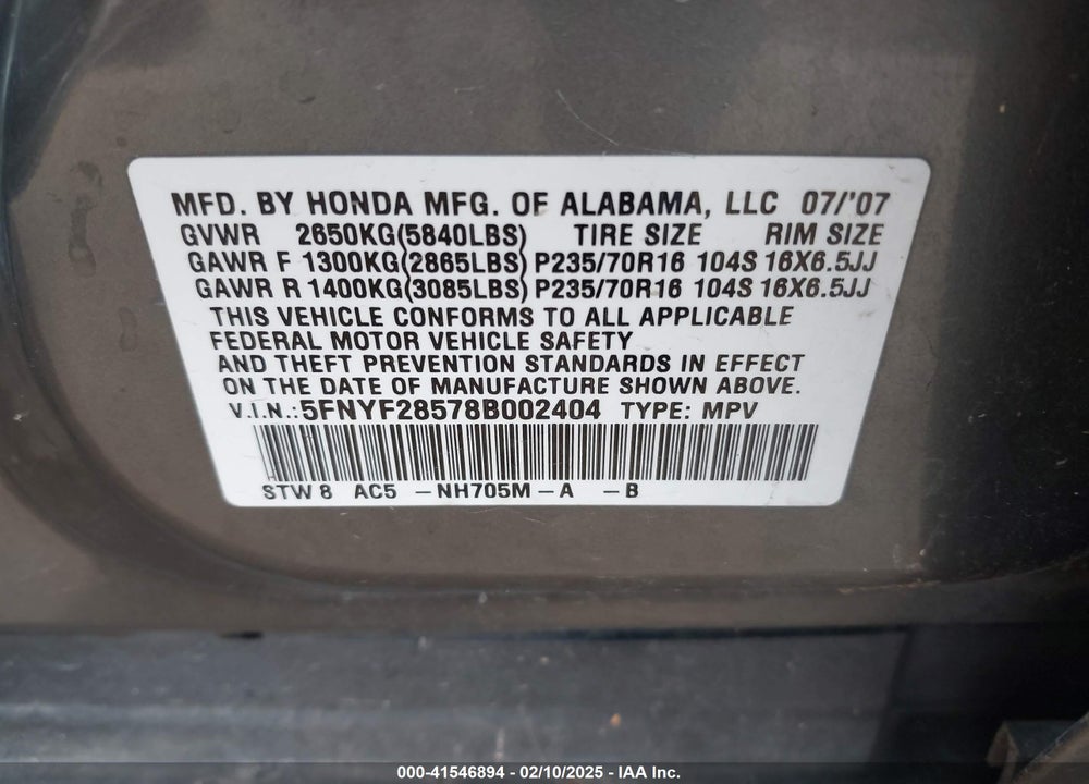 2008 HONDA PILOT EX-L VIN: 5FNYF28578B002404