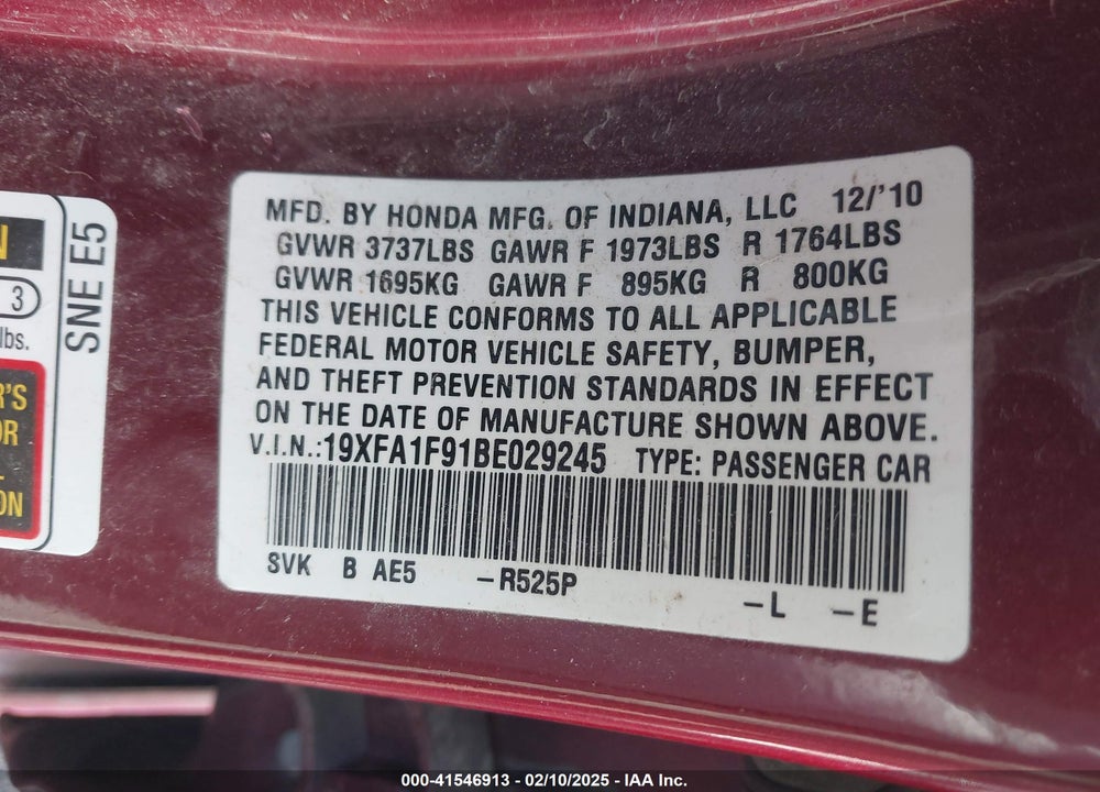 2011 HONDA CIVIC EX-L VIN: 19XFA1F91BE029245