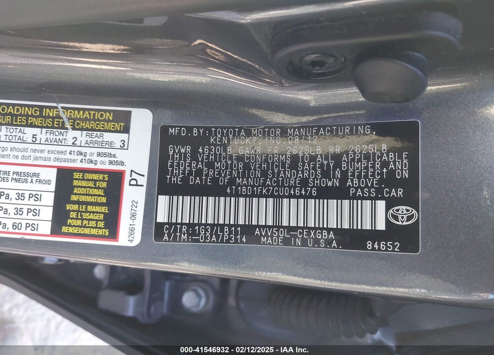 2012 TOYOTA CAMRY HYBRID VIN: 4T1BD1FK7CU046476