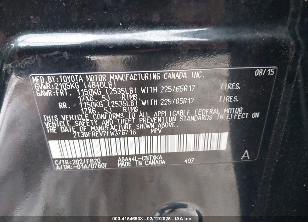 2015 TOYOTA RAV4 VIN: 2T3BFREV7FW376716