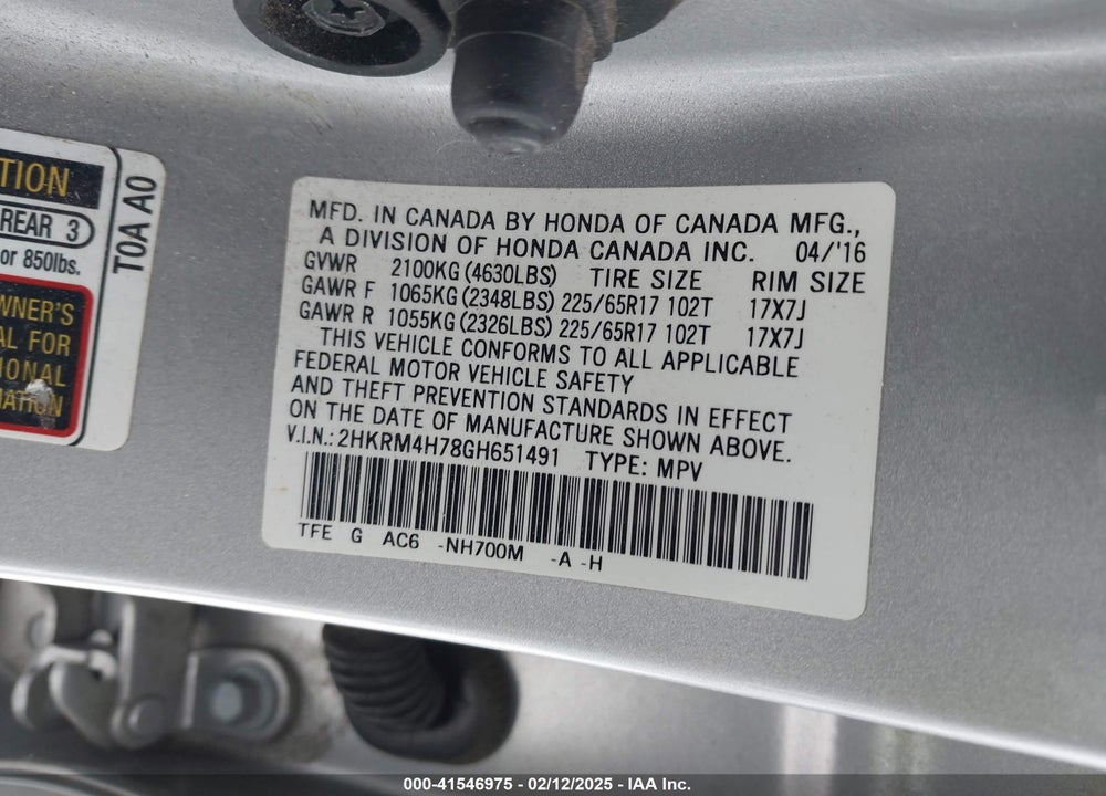 2016 HONDA CR-V EX-L VIN: 2HKRM4H78GH651491