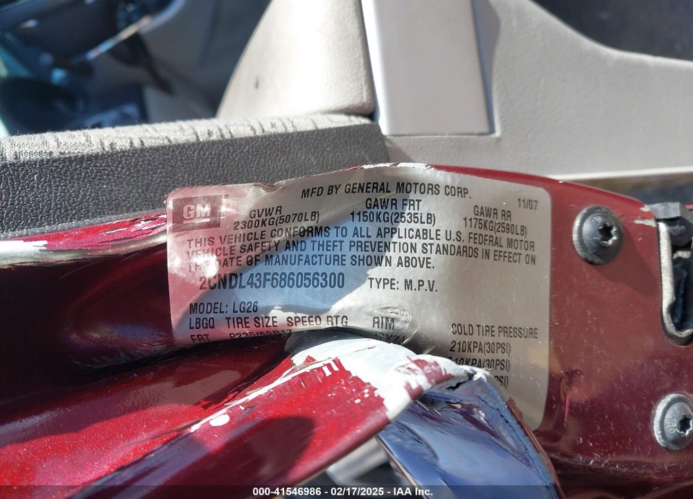 2008 CHEVROLET EQUINOX LT VIN: 2CNDL43F686056300