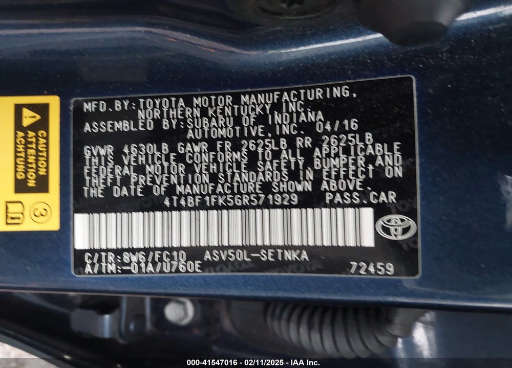 2016 TOYOTA CAMRY VIN: 4T4BF1FK5GR571929