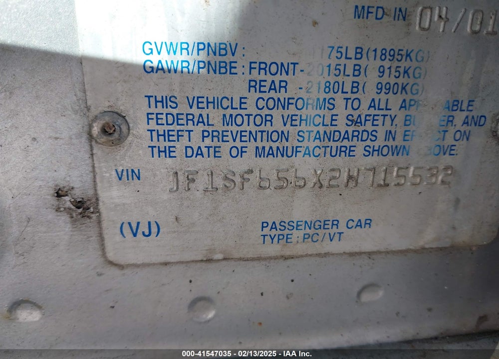 2002 SUBARU FORESTER S VIN: JF1SF656X2H715532