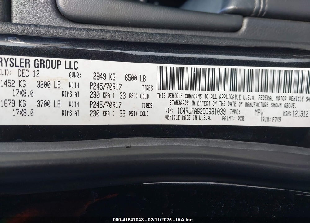 2013 JEEP GRAND CHEROKEE LAREDO VIN: 1C4RJFAG3DC631039