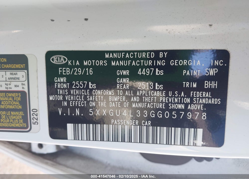 2016 KIA OPTIMA VIN: 5XXGU4L33GG057978