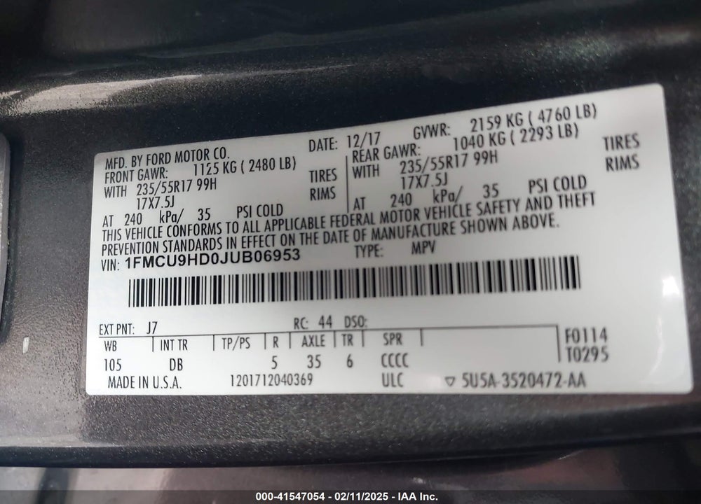 2018 FORD ESCAPE VIN: 1FMCU9HD0JUB06953