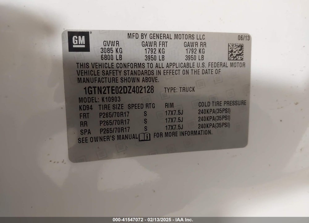 2013 GMC SIERRA 1500 VIN: 1GTN2TE02DZ402128