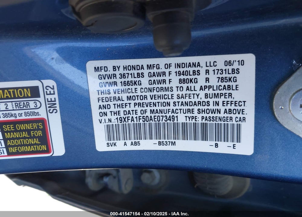 2010 HONDA CIVIC LX VIN: 19XFA1F50AE073491