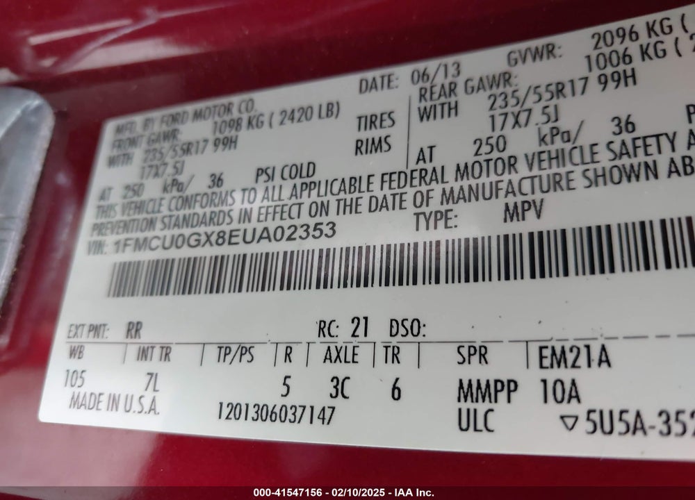 2014 FORD ESCAPE SE VIN: 1FMCU0GX8EUA02353