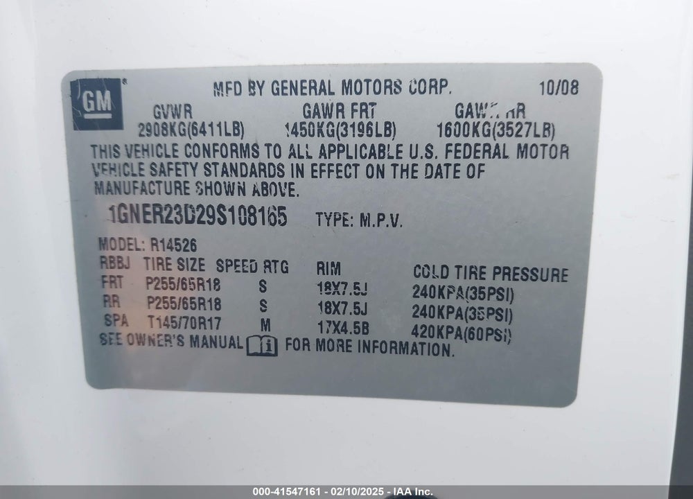 2009 CHEVROLET TRAVERSE VIN: 1GNER23D29S108165