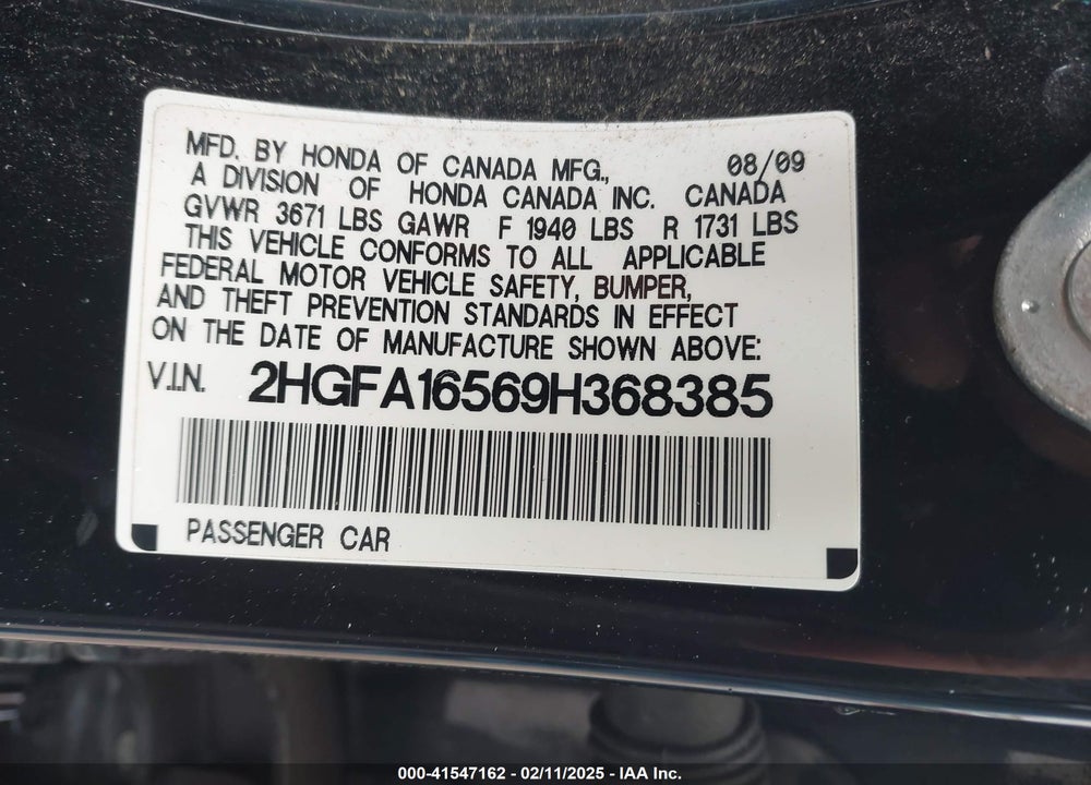 2009 HONDA CIVIC VIN: 2HGFA16569H368385