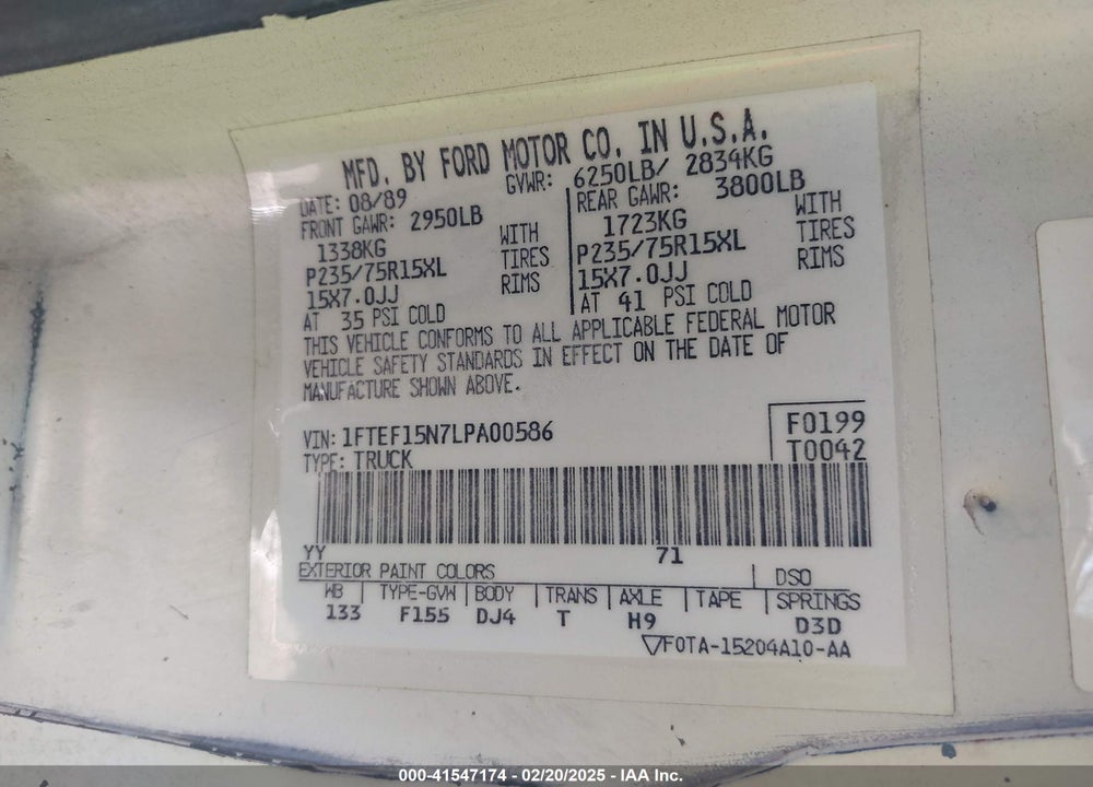 1990 FORD F150 VIN: 1FTEF15N7LPA00586