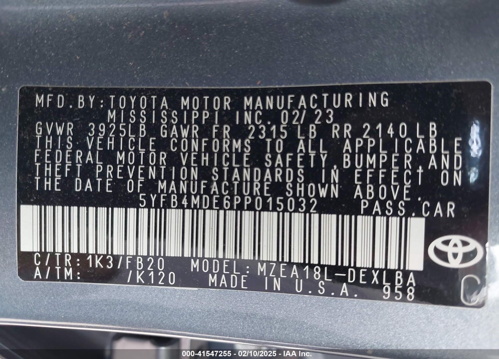 2023 TOYOTA COROLLA VIN: 5YFB4MDE6PP015032