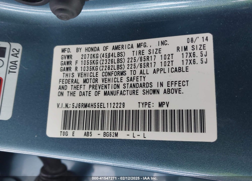 2014 HONDA CR-V EX VIN: 5J6RM4H55EL112229
