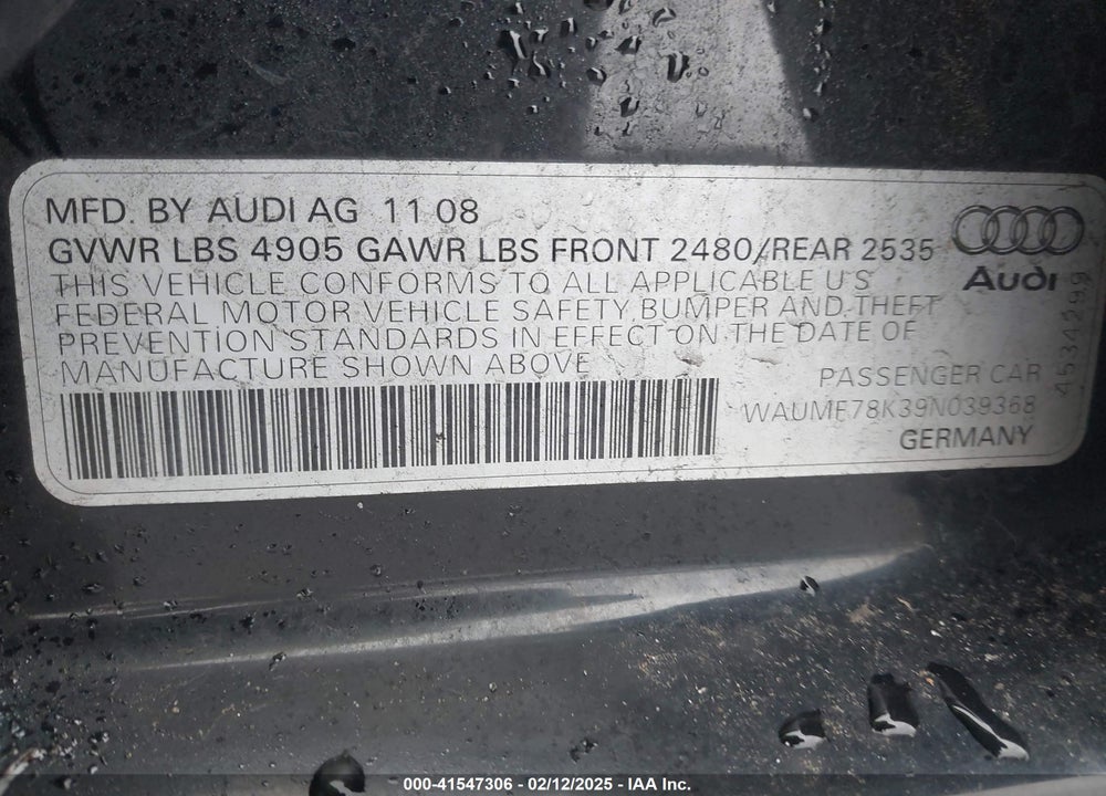 2009 AUDI A4 2.0T PREMIUM VIN: WAUMF78K39N039368