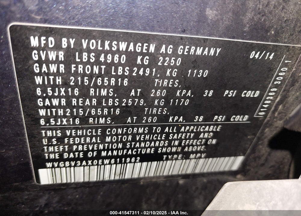 2014 VOLKSWAGEN TIGUAN VIN: WVGBV3AX0EW611962