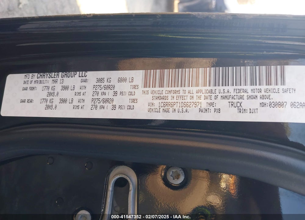 2013 RAM 1500 VIN: 1C6RR6PT1DS627971