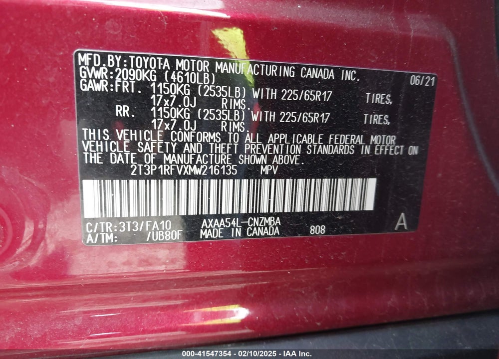 2021 TOYOTA RAV4 XLE VIN: 2T3P1RFVXMW216135