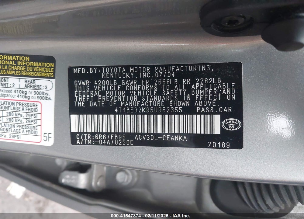 2005 TOYOTA CAMRY LE VIN: 4T1BE32K95U952355